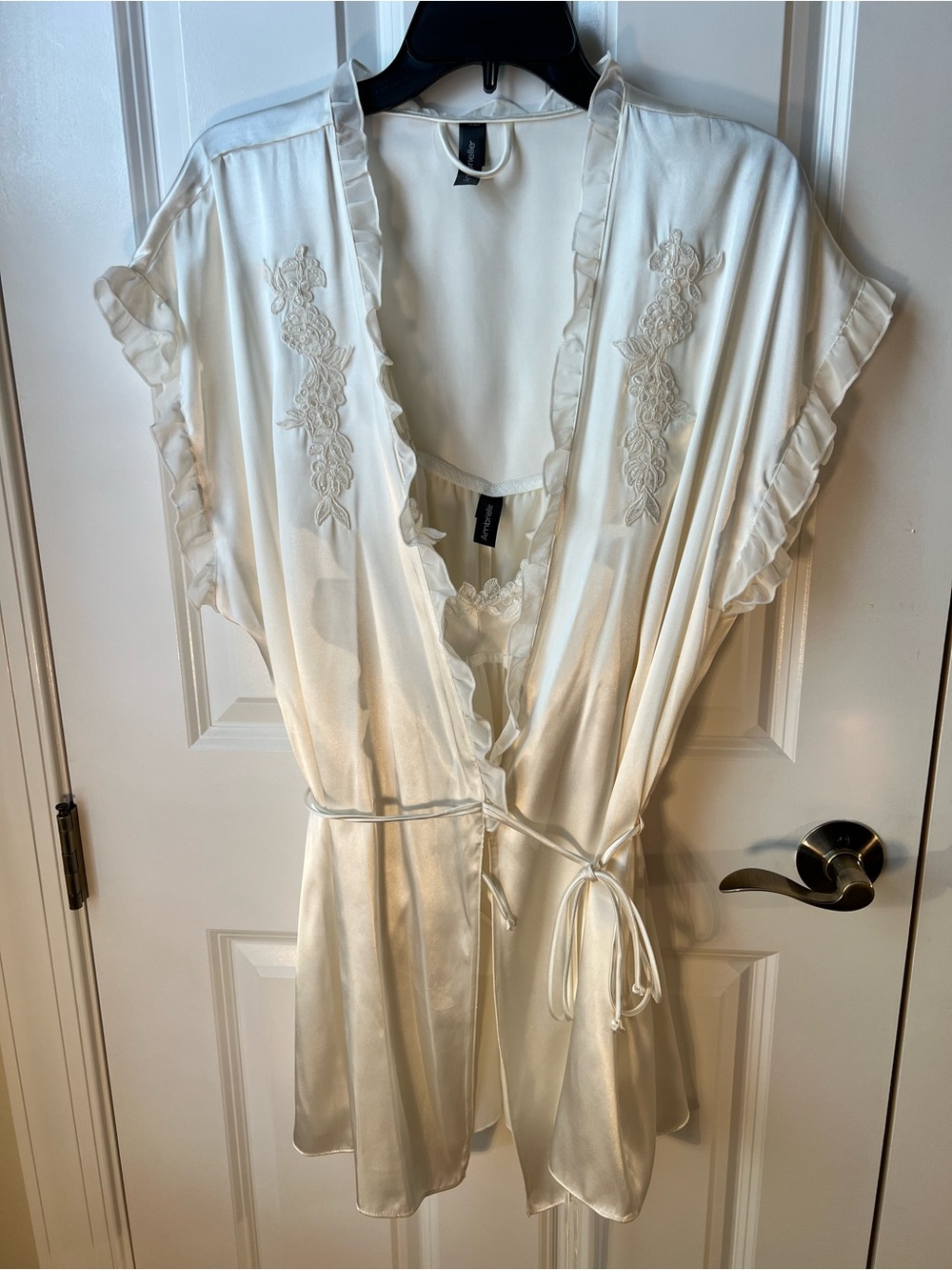 Ambrielle Ivory Satin Lace-Trim Robe & Chemise Set